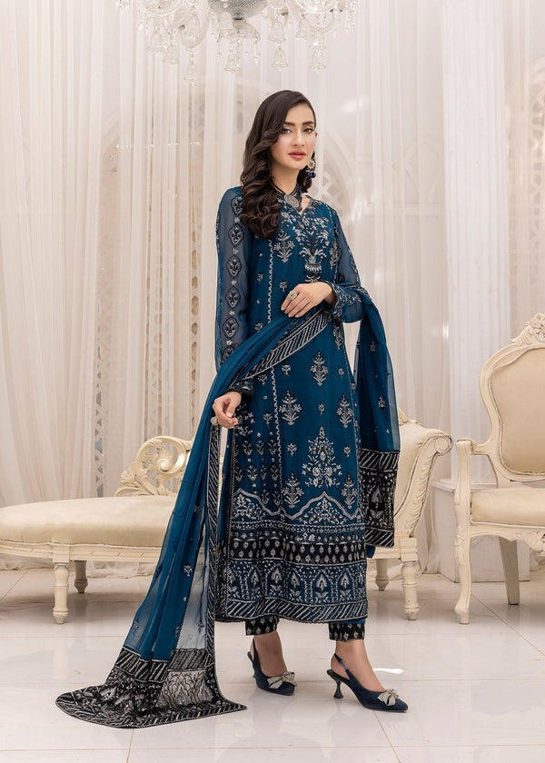 Mystic Teal Elegance – Silver & Charcoal Embroidered Ensemble