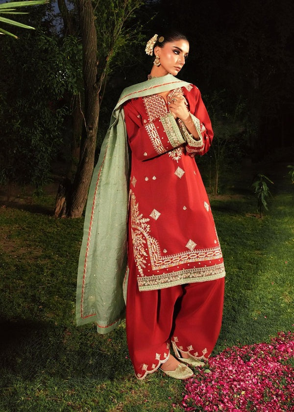 Embroidered Short Shirt & Farshi Shalwar with Organza Dupatta