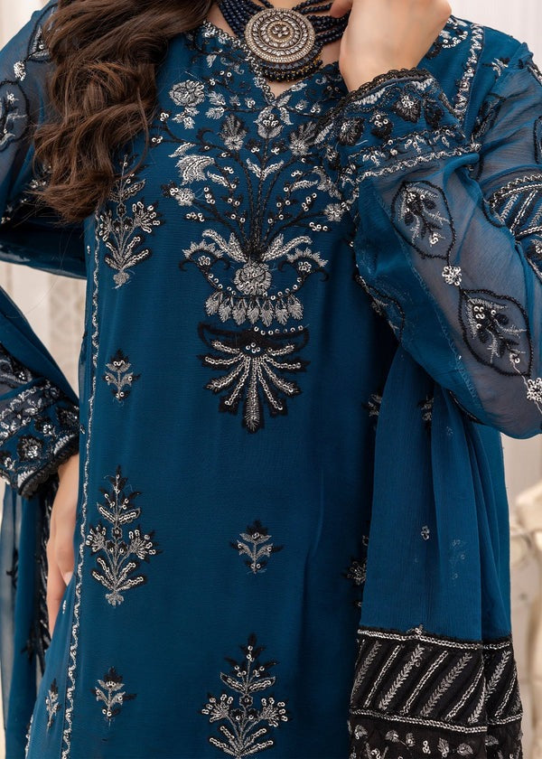Mystic Teal Elegance – Silver & Charcoal Embroidered Ensemble
