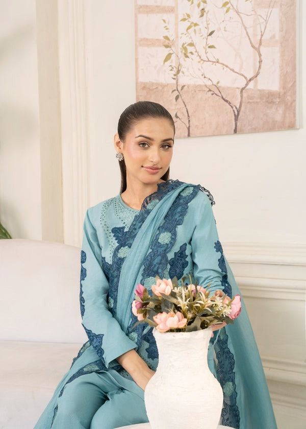 Powder Blue Short Kurta with Embroidered Shalwar & Organza Dupatta