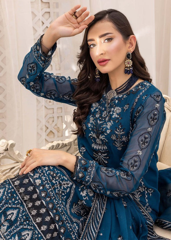 Mystic Teal Elegance – Silver & Charcoal Embroidered Ensemble