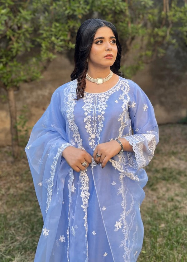Fairy Glow Ice Blue Embroidered Organza Ensemble