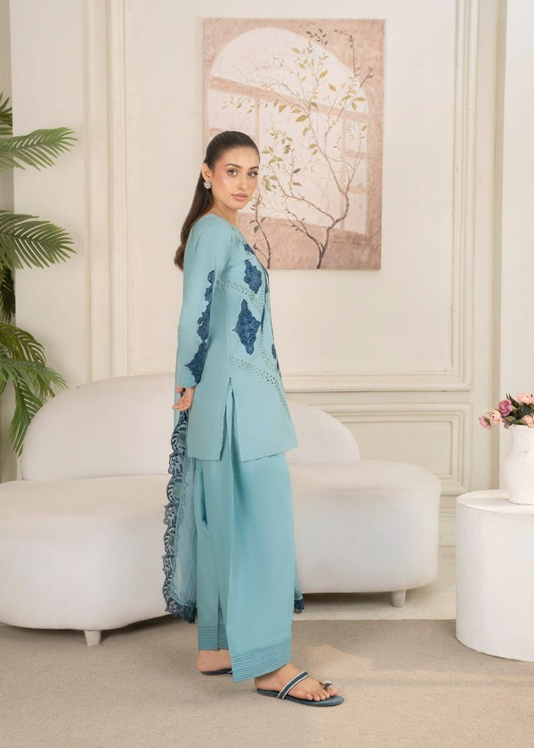 Powder Blue Short Kurta with Embroidered Shalwar & Organza Dupatta