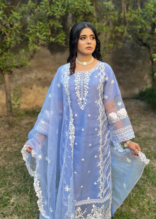 Fairy Glow Ice Blue Embroidered Organza Ensemble