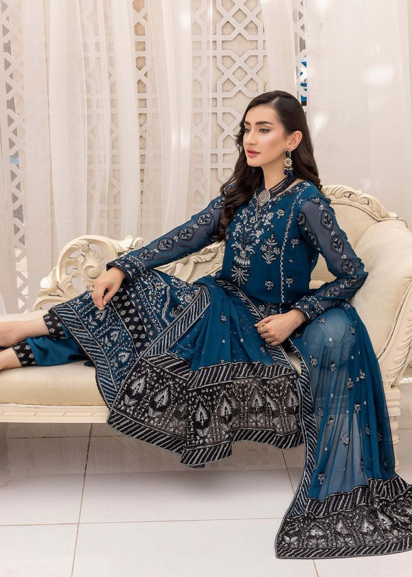 Mystic Teal Elegance – Silver & Charcoal Embroidered Ensemble