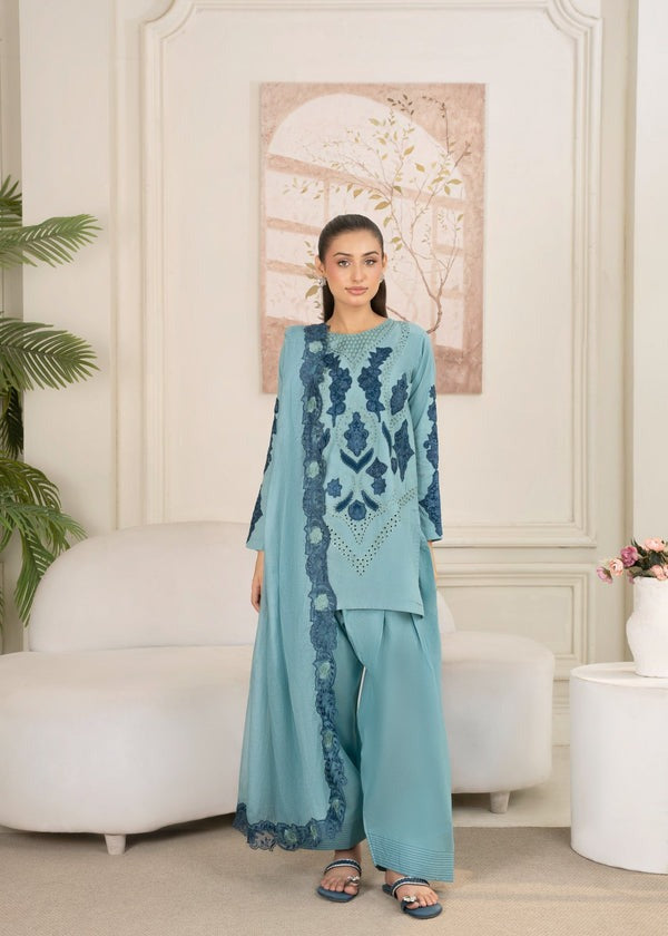 Powder Blue Short Kurta with Embroidered Shalwar & Organza Dupatta