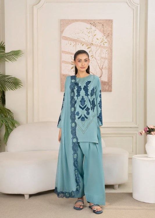 Powder Blue Short Kurta with Embroidered Shalwar & Organza Dupatta