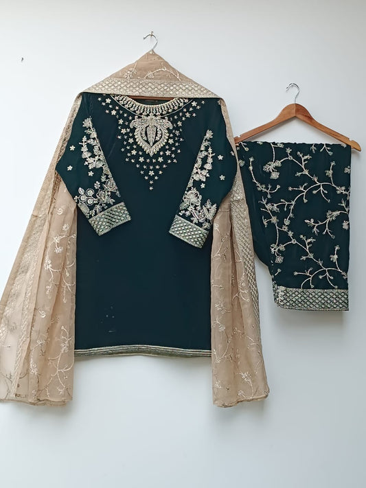 Embroidered Velvet Formal 3-Piece Suit with Organza Dupatta