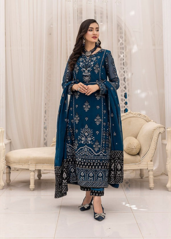 Mystic Teal Elegance – Silver & Charcoal Embroidered Ensemble