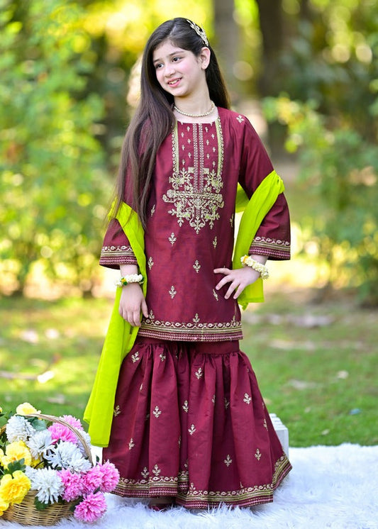 Embroidered Khadi Lawn 3-Piece Garara Suit with Chiffon Dupat