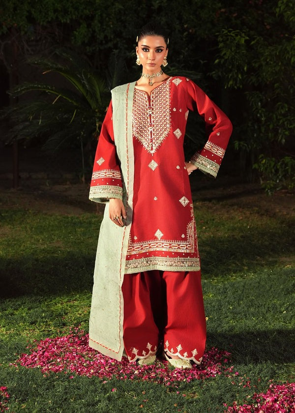 Embroidered Short Shirt & Farshi Shalwar with Organza Dupatta