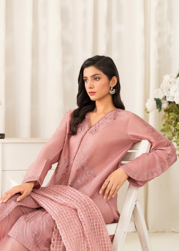 Embroidered Front-Open Shirt with Straight Trouser & Organza Dupatta