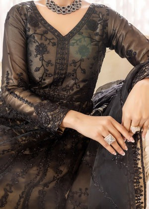 Black Organza Layered Maxi Pishwas with Intricate Black Embroidery & Raw Silk Trousers