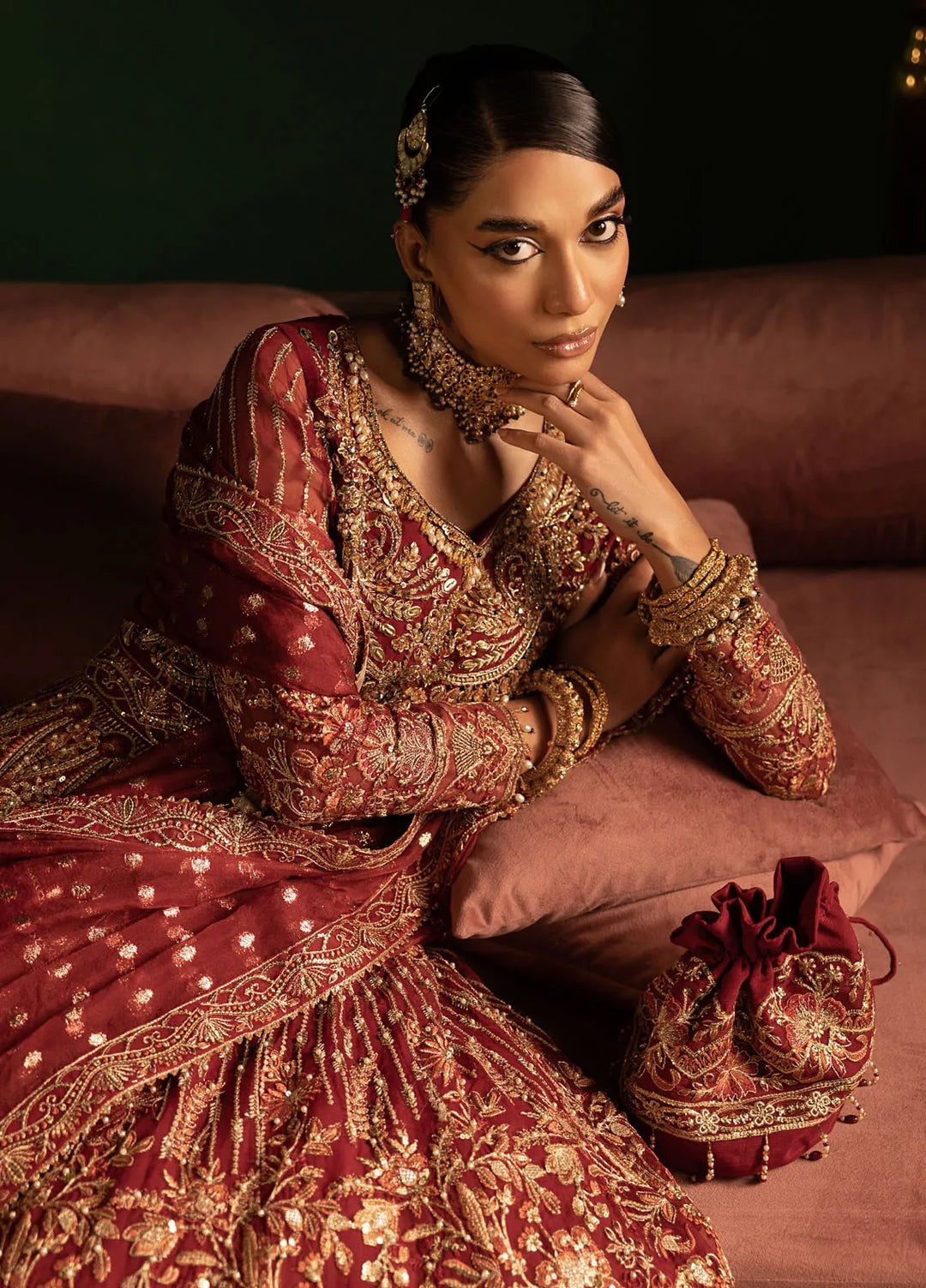 Red Embroidered Organza Flared Maxi Ensemble