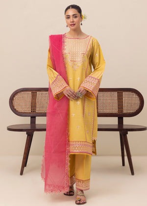 Sunny Elegance – Yellow 3-Piece Chambray Kurta Set with Organza Dupatta