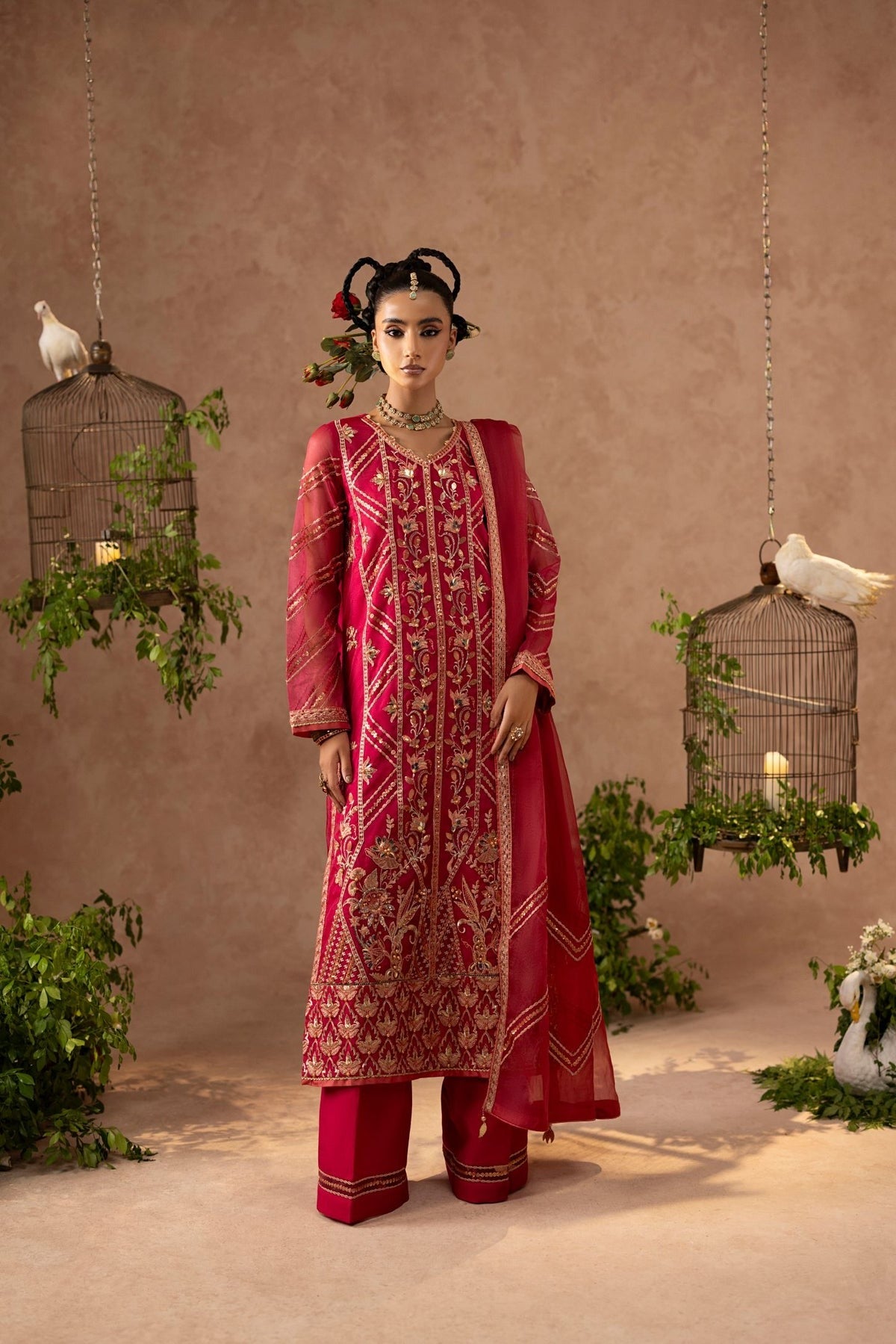 Bold Fuchsia Shaan Organza Kurta with PK Silk Trouser & Dupatta