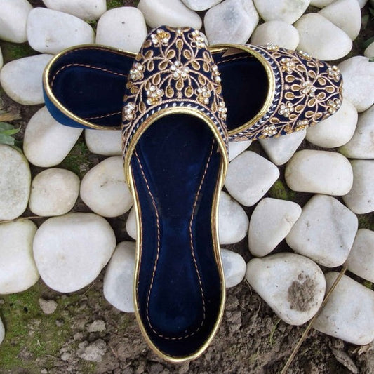 Royal Navy Blue Velvet Khussa with Golden Hand Embroidery