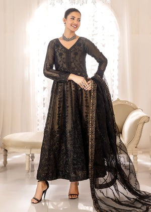Black Organza Layered Maxi Pishwas with Intricate Black Embroidery & Raw Silk Trousers