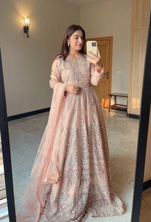 Pearl Whisper – Pastel Pink Maxi with Mirror & Sequin Work